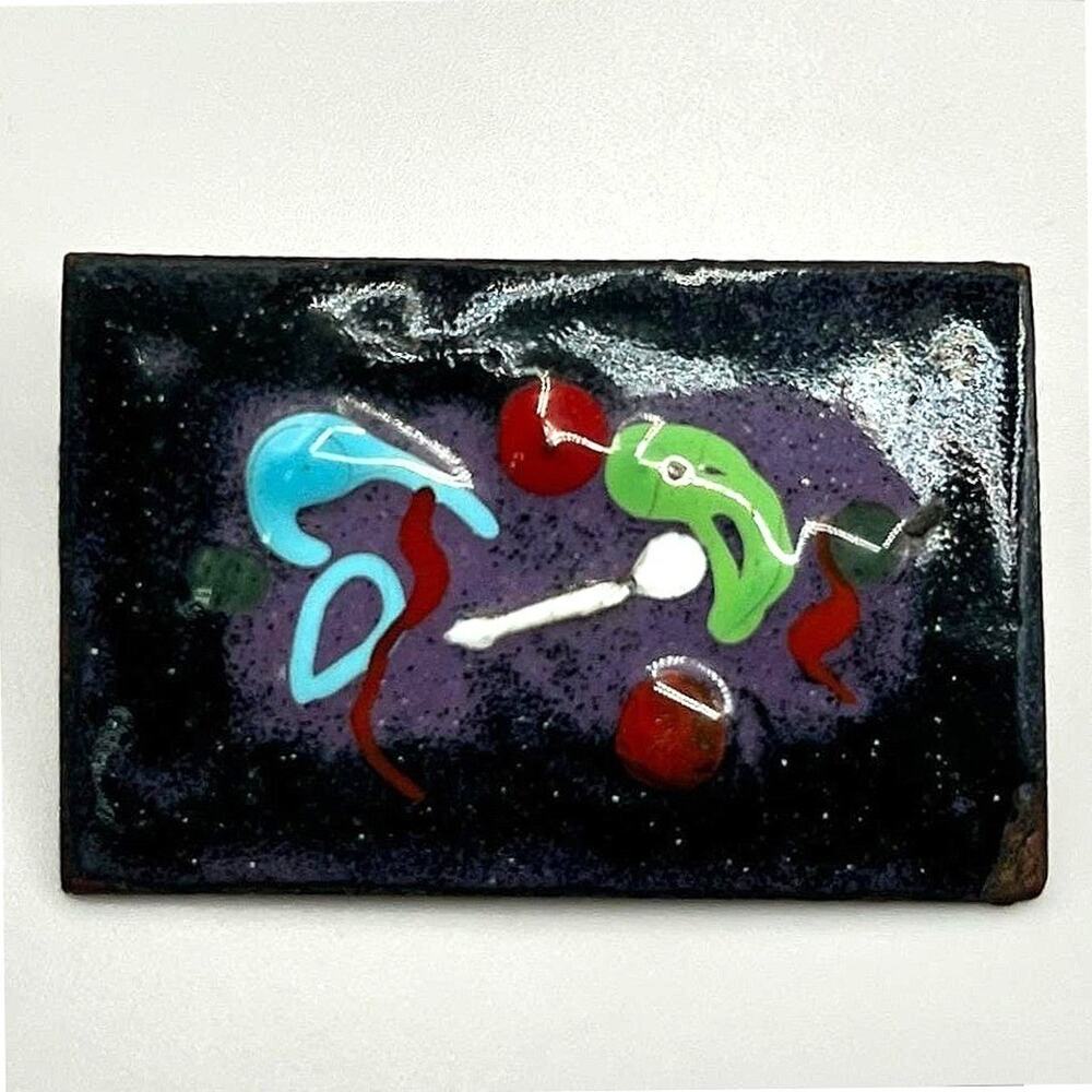 Vintage Multicolor Classic Rectangular Abstract Art Enameled Copper Brooch Pin